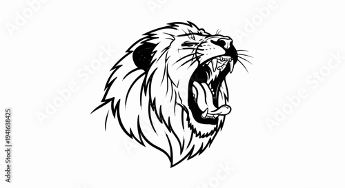 Ferocious lion with mouth wide open, showing teeth and tongue