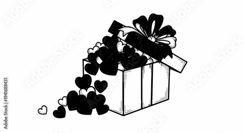 Open gift box overflowing with hearts, some spilling out