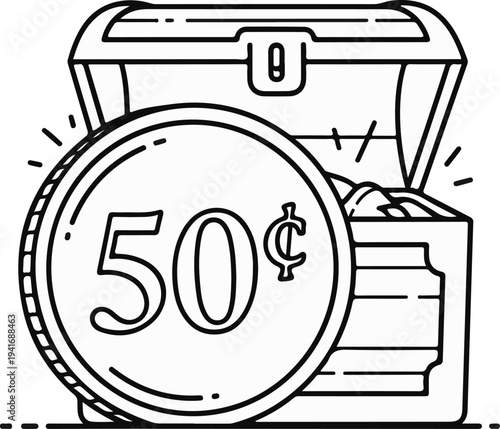 Open treasure chest overflowing with coins, a large fifty-cent coin prominent