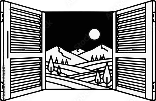 Open window revealing a stylized moonlit mountain landscape with rolling hills and trees
