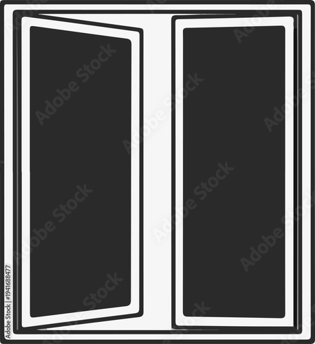 Open window frame showing dark panes, one slightly ajar