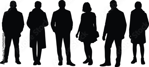 Black silhouette vector illustration of a diverse group of people celebrating with arms raised and standing together isolated on white background for success