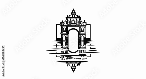 Ornate archway with inverted reflection and stylized base in black and white