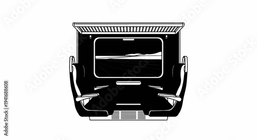 Interior view of a train cabin with seats and a window showing a blurry landscape