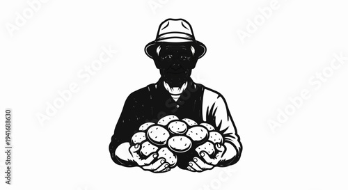 Farmer wearing hat holds basket overflowing with potatoes
