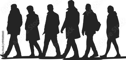 Black silhouette group of diverse people walking in winter clothes and coats isolated on white background, urban pedestrian crowd moving in side view.