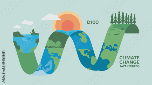 An illustration of the Earth with a wavy line representing climate change awareness and a sun in the background