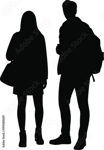 Black silhouette of young man and woman standing together with backpacks and bags isolated on white background, college students or travelers waiting for transport.