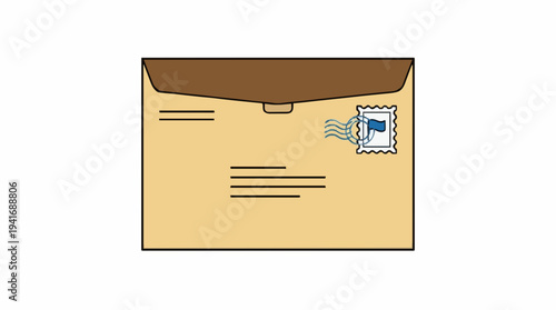 Brown Kraft Paper Envelope with Blue Flag Stamp and Lines for Text on White Background Simple Flat Design