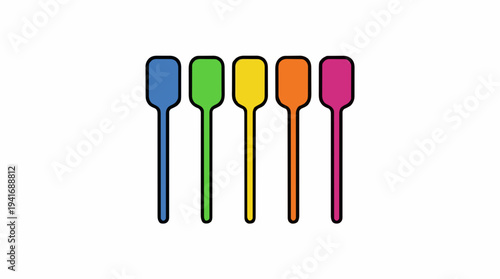 Five multicolored plastic spoons with black outlines arranged in a row against a white background vibrant colors blue green yellow orange pink