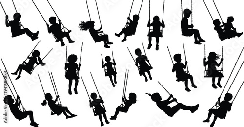 Children Swing Silhouettes Collection in Different Playing Poses, Black Kids on Playground Swing Set Isolated for Childhood Activity Design