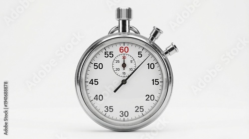 Fotografía Realistic silver analog stopwatch with white face on plain background for timing
