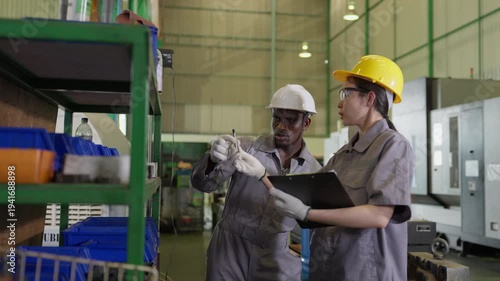 Diverse industrial workers checking metal part and inventory details on clipboard in warehouse factory