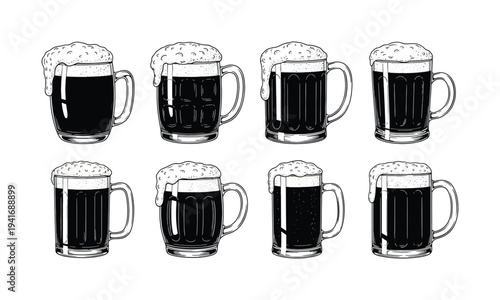 Eight Mugs of Dark Beer with Foam, Line Drawing, Isolated on White