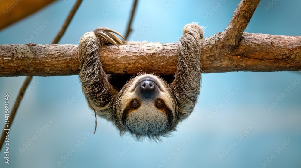 Obraz premium A sloth hanging from a tree branch with its arms and legs wrapped around the branch.
