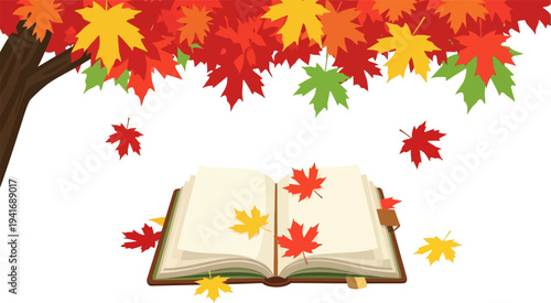Open book rests under a tree with falling maple leaves