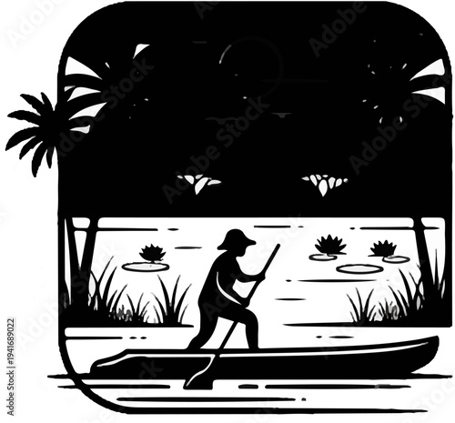 Person in canoe paddling through lily pads under moonlight