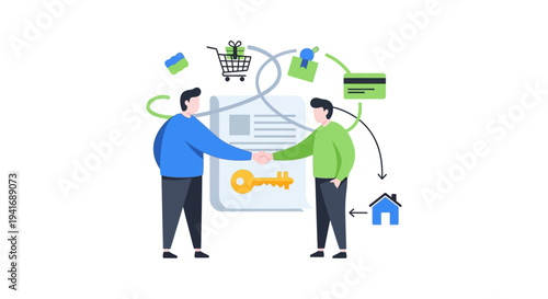 Real Estate Transaction, Business Agreement & Online Purchase Concept. Handshake, Key & House for Property Deals & Financial Services.