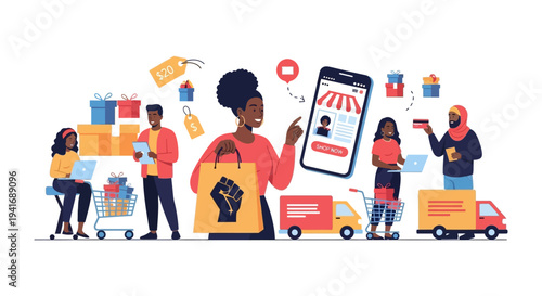 Diverse Customers Enjoying Seamless Online Shopping: E-commerce Experience with Mobile App, Digital Payments & Delivery