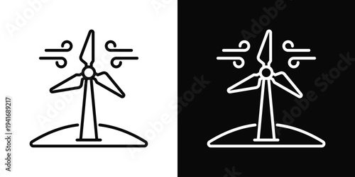 Wind Turbine Icon In Black And White Filled Style.