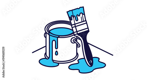 Blue paint can with paintbrush and spilled paint illustration