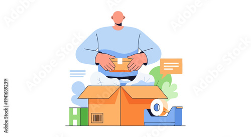 Person Packaging Box for Shipping and Delivery - E-commerce Order Fulfillment Illustration