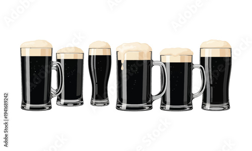 Six glasses of dark beer with creamy foam on a white background