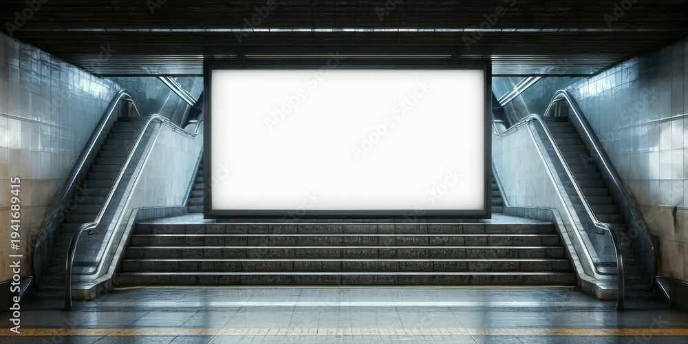 Fototapeta premium Subway station interior features blank billboard, escalators, steps. Dark tunnel creates dramatic lighting, modern architecture.