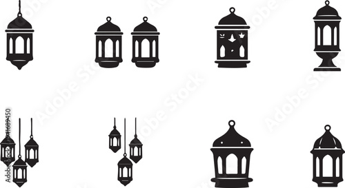 A collection of vintage iron street lamp silhouettes stands before an antique town cityscape of black house and building outlines