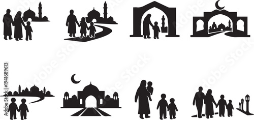 Vector illustration set of black silhouettes featuring a mosque and diverse people including a family and business figures as icons and symbols