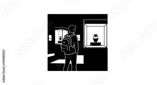 Person in museum admiring ancient artifacts in display cases