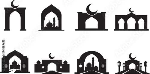 A professional vector illustration set featuring the iconic Taj Mahal silhouette as a travel symbol for architectural design projects