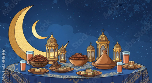 Ramadan kareem iftar table setting with traditional food and lanterns under crescent moon