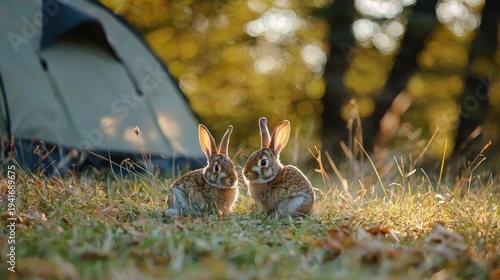 Two rabbits sitting in a grassy field with a tent in the background.