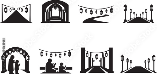 A stylized vector illustration of a Parisian church icon featuring a romantic couple silhouette set against a city travel art design