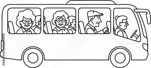 Elderly people enjoying a bus ride, with a male driver at the wheel