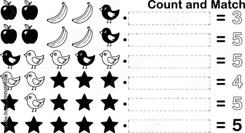 Educational worksheet with illustrations of apples, bananas, birds, and stars