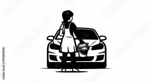 Person in overalls with bucket washing a car