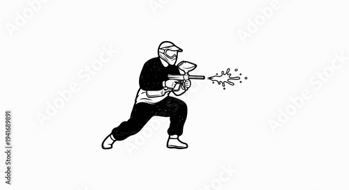 Person in protective gear aims and fires a paintball gun