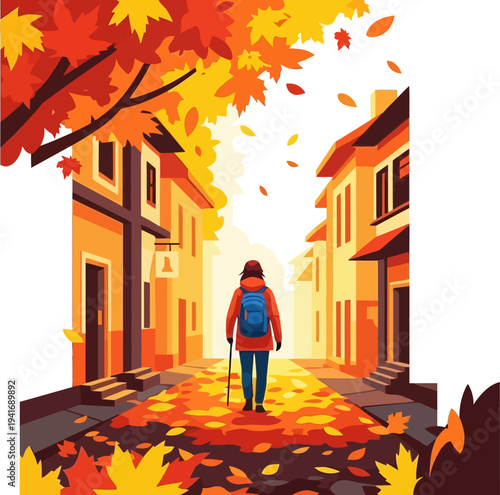Person strolling down a leaf-covered city street in autumn