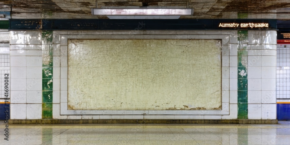 Fototapeta premium Subway station interior. Empty billboard dominates space. Tiles cover walls, floor reflects light. Dim illumination creates somber mood.