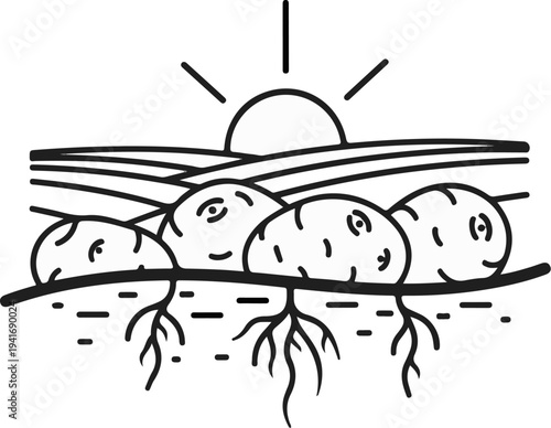 Drawing of a field with crops growing beneath a shining sun