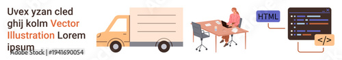 Logistics, coding education, remote work, delivery services, online learning, programming concepts. A delivery truck, person at a desk and coding interface. Logistics and coding education
