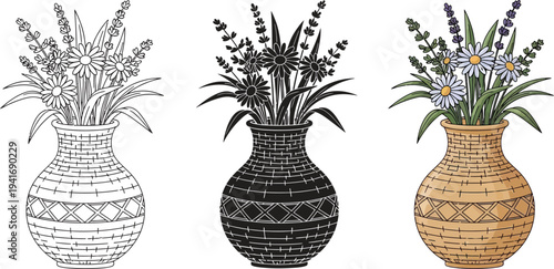 Set of traditional flower vases featuring line art silhouette and colored versions perfect as a decorative element or craft design