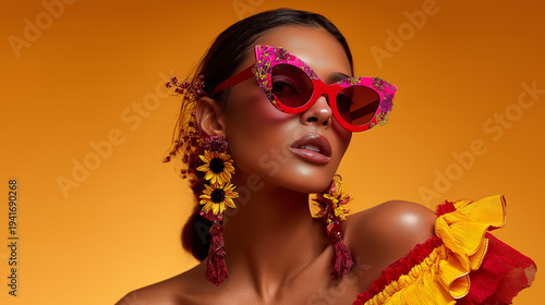 A beautiful girl in her summer style, wearing red and yellow flower-shaped earrings.
