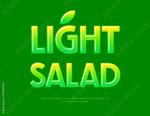 Vector Green sticker Light Salad. Trendy Gradient Font. Modern Alphabet Letters and Numbers set. 