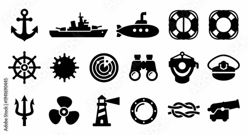 Solid black icons for naval warfare and maritime defense. Anchors, submarines, and naval equipment collection. Vector illustration for maritime apps, navy history blogs, and strategic naval games. Bla