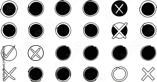 Diverse selection of graphic symbols including circles, crosses, and checkmarks