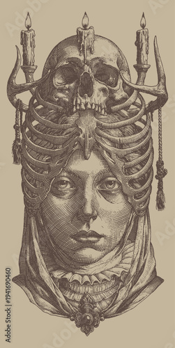 A dark and detailed engraving of a skull wearing a ribcage headdress, with candles, over a woman's face.