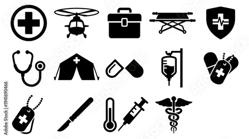 Solid black icons for field medicine and emergency rescue. Medevac helicopters, first-aid kits, and medical tools collection. Vector illustration for emergency apps, humanitarian aid branding, and com